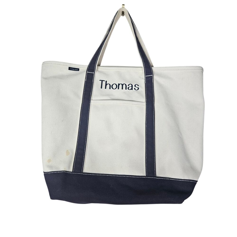 Lands End Large Boat Tote Thomas Canvas Navy Blue Beach Coastal Travel Bag